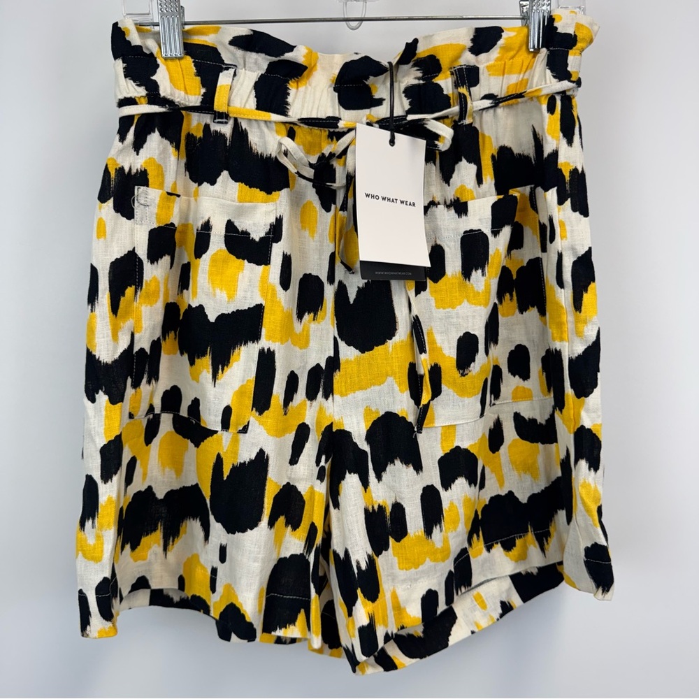 Who What Wear Shorts Linen Blend Yellow/Black Print Drawstring Waist Sz. M NWT